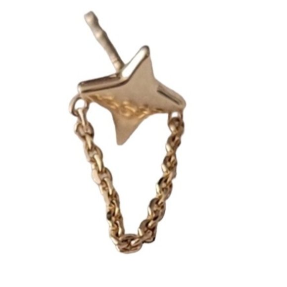 14K Yellow Gold 4 Point Star With Chain Dangle One Post Earring, E116 - Picture 5 of 11